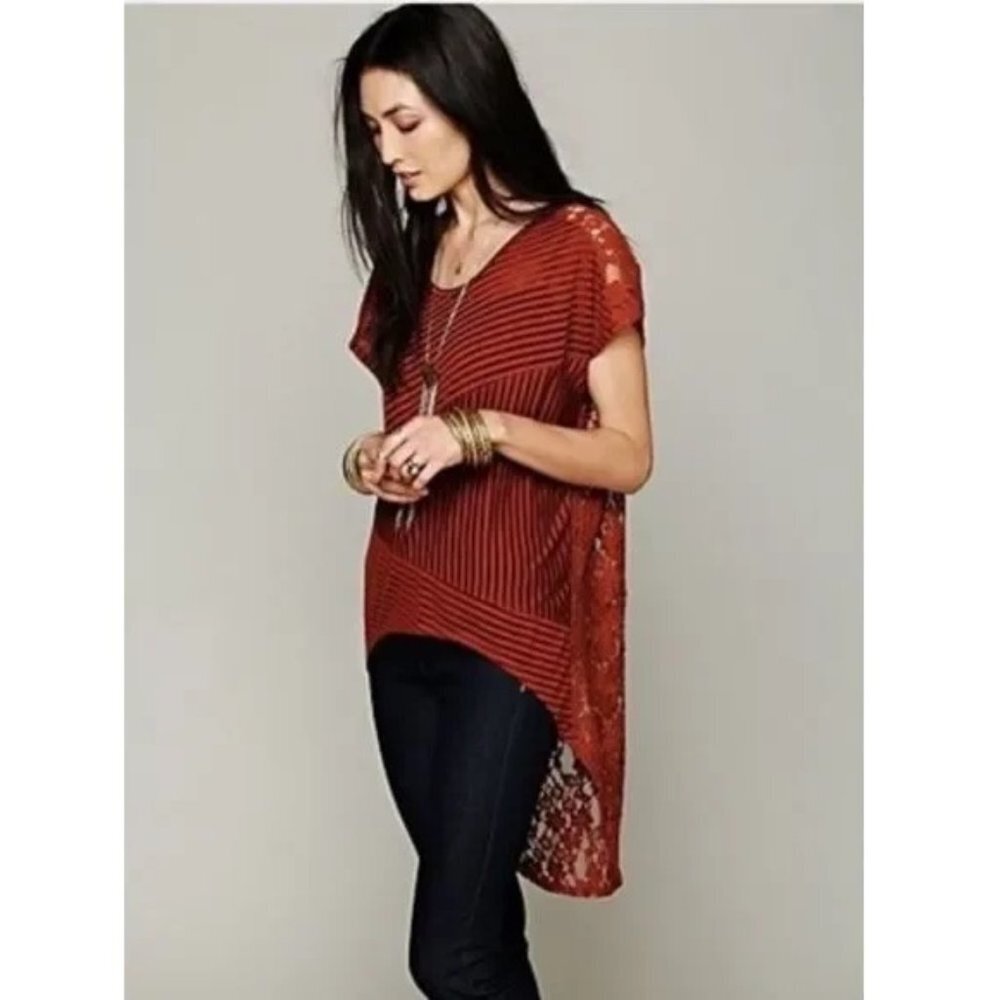 Free People Daydream Hi Low Lace Burnt Orange Stripe Round Neck Tunic‎